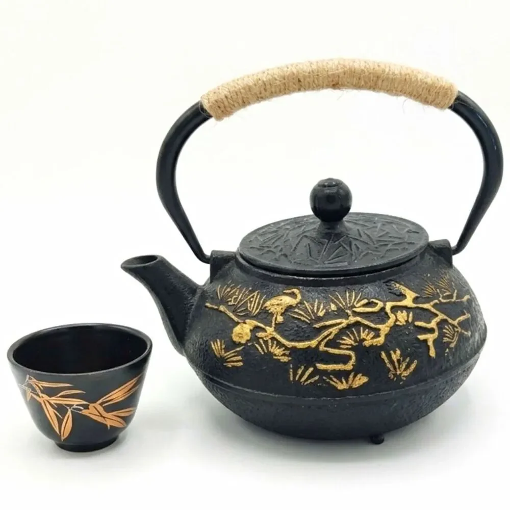 Japanese Cast Iron Tetsubin Teapot w/ Wrapped Handle, Gold Design & Tea Cup